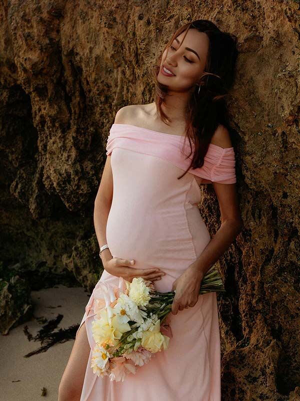 Chicnmom Vestidos largo Premamá Abertura Volantes Hombros descubiertos Rosa Fotografía