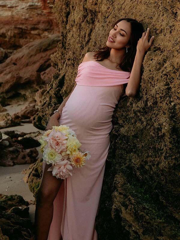 Chicnmom Vestidos largo Premamá Abertura Volantes Hombros descubiertos Rosa Fotografía