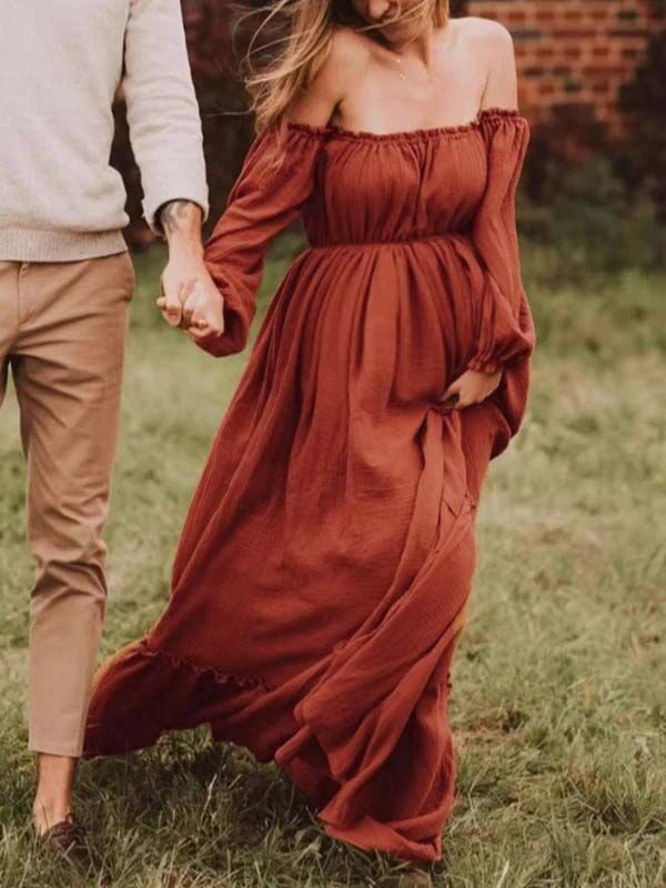 Chicnmom Vestidos largo Premamá Fotografía Abertura Falda amplia Naranja