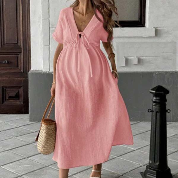 Chicnmom Vestidos largo Premamá Cinturón Fluidez Trapecio Rosa