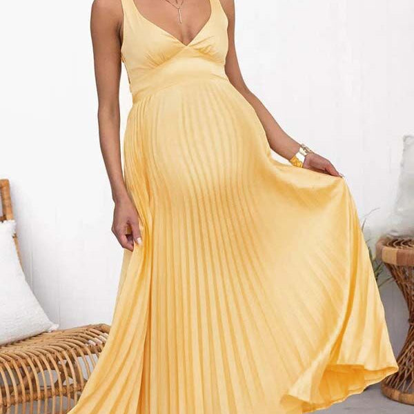 Chicnmom Vestidos largo Premamá Plisado Espalda Descubierta Amarillo