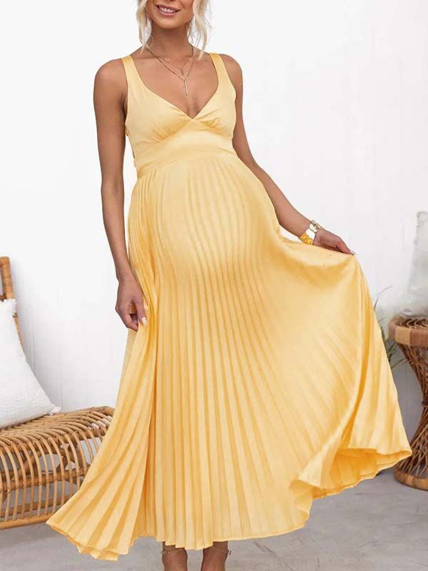 Chicnmom Vestidos largo Premamá Plisado Espalda Descubierta Amarillo