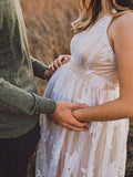 Chicnmom Vestido largo de maternidad de noche elegante blanco sin mangas con cuello en V fluido de granadina de encaje Photoshoot