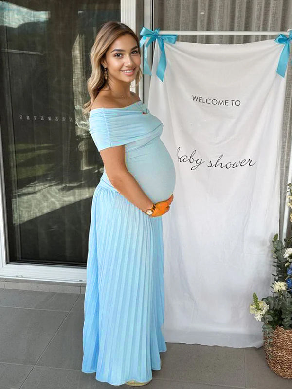 Chicnmom Vestido Largo Elegante De Premamá Para Sesión De Fotos, Fiesta Y Cóctel Con Plisado Y Hombros Descubiertos