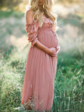 Chicnmom vestido de maternidad rosa boho con volantes y hombros descubiertos