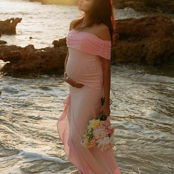 Chicnmom Vestidos largo Premamá Abertura Volantes Hombros descubiertos Rosa Fotografía