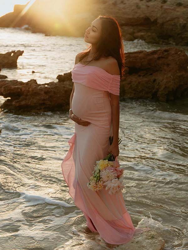 Chicnmom Vestidos largo Premamá Abertura Volantes Hombros descubiertos Rosa Fotografía