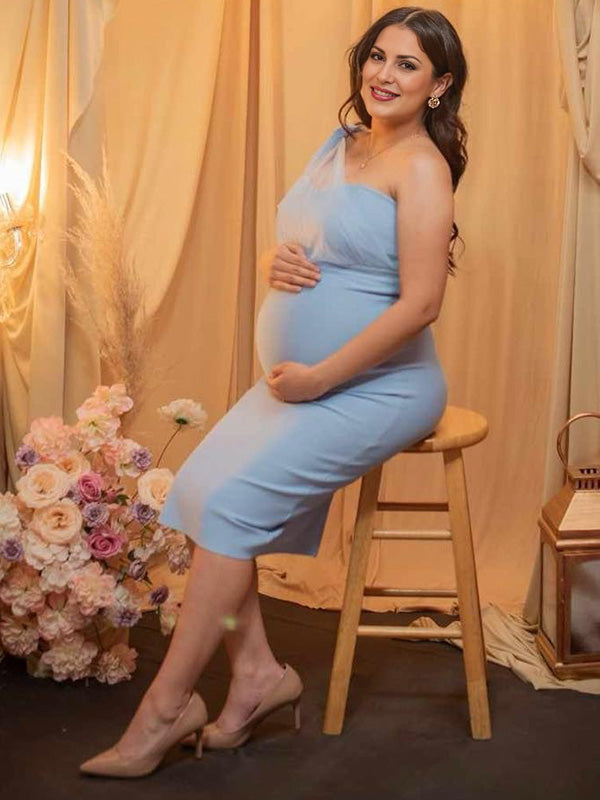 Chicnmom vestidos premamá azul cielo vestido de noche sin espalda de malla con lazo