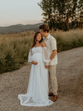 Chicnmom Vestidos Invitada Boda Embarazada Largo Tul Con Volantes Y Hombros Descubiertos Para Premamá Sesión De Fotos Y Novia