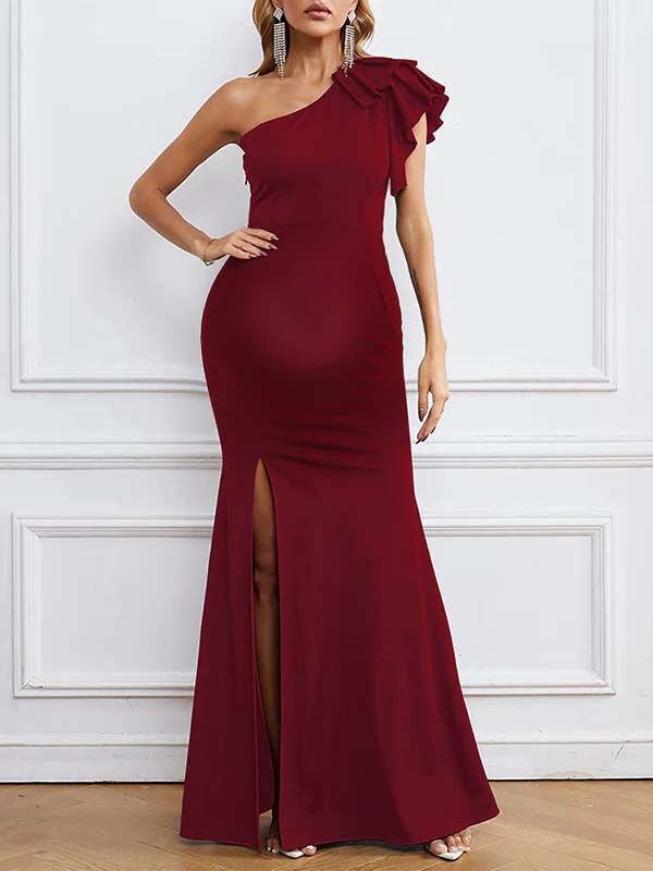 Chicnmom Vestidos largo Premamá Volantes Abertura Hombro caído Burdeos