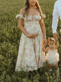 Chicnmom vestido elegante de verano para embarazadas con estampado floral y hombros descubiertos en color beige