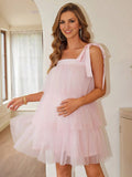 Chicnmom vestido premamá elegante con pajarita y volantes de tutú esponjoso rosa