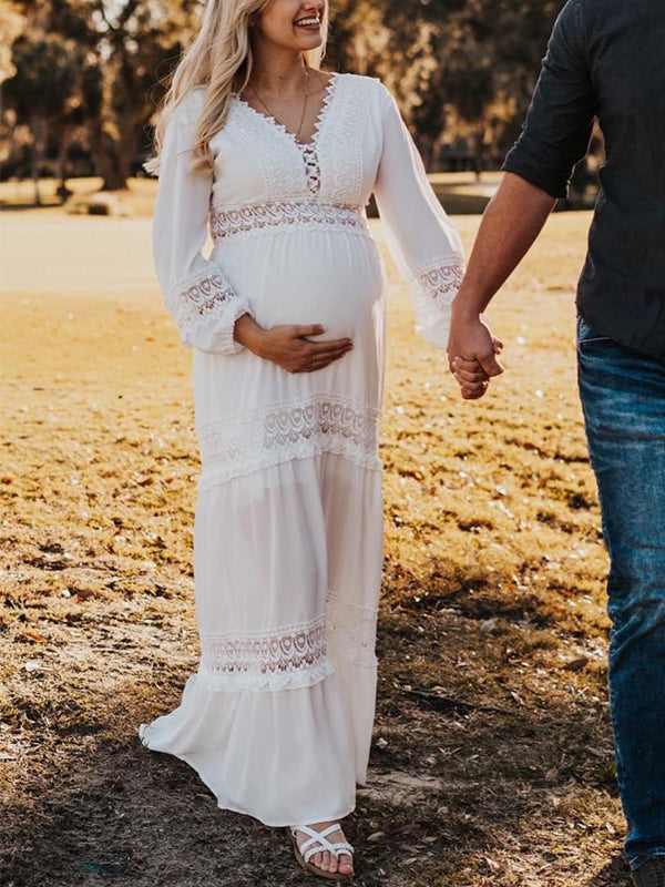 Chicnmom Blanco Gasa Encaje Recorte Manga de la linterna Elegante Premamá Fotografía de fiesta de bebé Vestidos Maxi