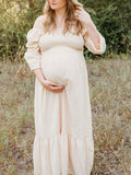 Chicnmom Beige Sin Hombros Volante Premamá Elegante Fotografía de fiesta Vestidos boho largos