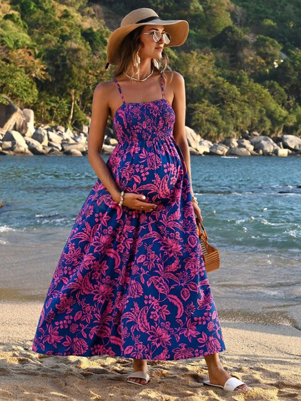 Chicnmom vestidos premamá bohemio estampado falda amplia plisado de tirantes vestido de flores