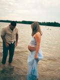 Chicnmom vestidos premamá vacaciones playa conjunto de dos piezas volantes lazo tul vestidos de foto de maternidad