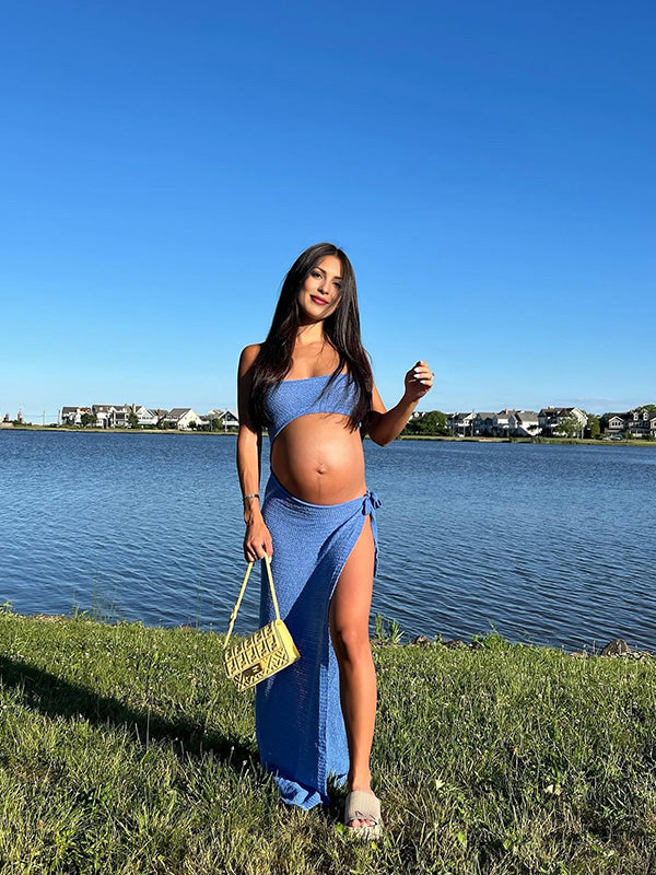 Chicnmom vestidos premamá vacaciones playa génerodepunto abertura calado cinturón vestidos de foto de maternidad