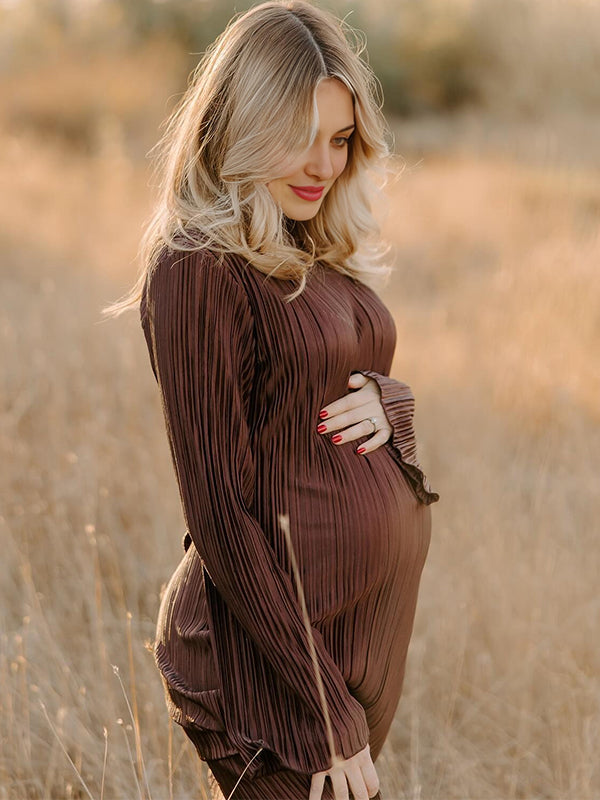 Chicnmom Vestido Largo Invitada Premama De Plisado Y Cinturón Ajustado Con Manga Acampanad Para Embarazadas Sesión De Fotos