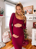 Chicnmom Vestido Largo de Premama Ajustado Fiesta y Navidades con Cuello Redondo para Embarazo Oficina