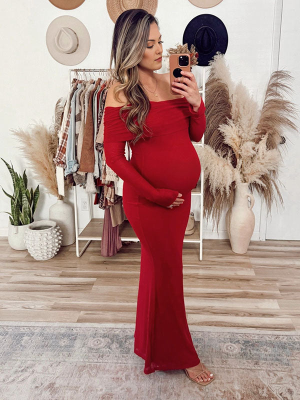 Chicnmom Vestido Largo Ajustado de Premama Fiesta para Invitadas con Hombros Descubiertos Elegantes