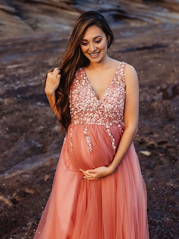 Chicnmom Vestidos Largos Tul Embarazada Sesion Fotos con Lentejuelas y Espalda Descubierta para Premamá Boda y Novia