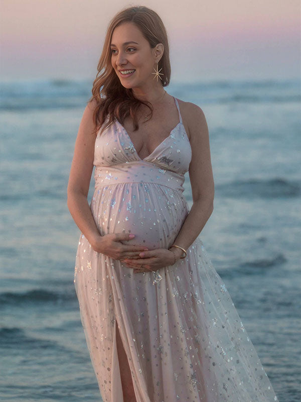 Chicnmom Vestidos Largos Embarazada Sesion Fotos con Lentejuelas y Tirantes para Premamá Boda y Fiesta