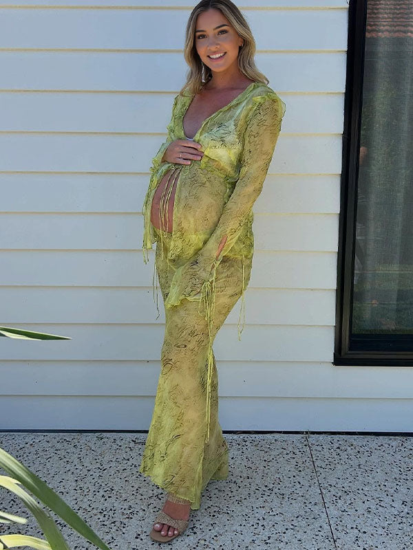 Chicnmom Vestidos Maxi de Premamá con Volantes y Estampado Anudables para Fotos