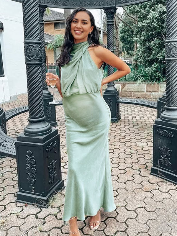 Chicnmom Vestidos Maxi de Premamá Fiesta con Pliegues de Satén Elegante