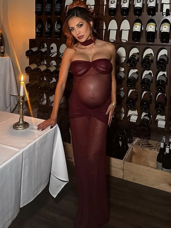 Chicnmom Vestidos Maxi para Fotos de Embarazadas Transparente de Malla y Tubo con Pliegues y Espalda al Descubierto