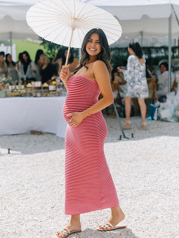 Chicnmom Vestidos Premamá Noche Largos Elegantes de Tubo y Ajustado con Estampado en Rayas para Embarazadas Vacaciones