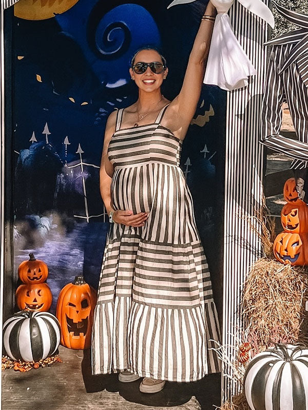 Chicnmom Vestidos Maxi para Fotos de Embarazadas Tirantes con Estampado en Rayas y Espalda al Descubierto