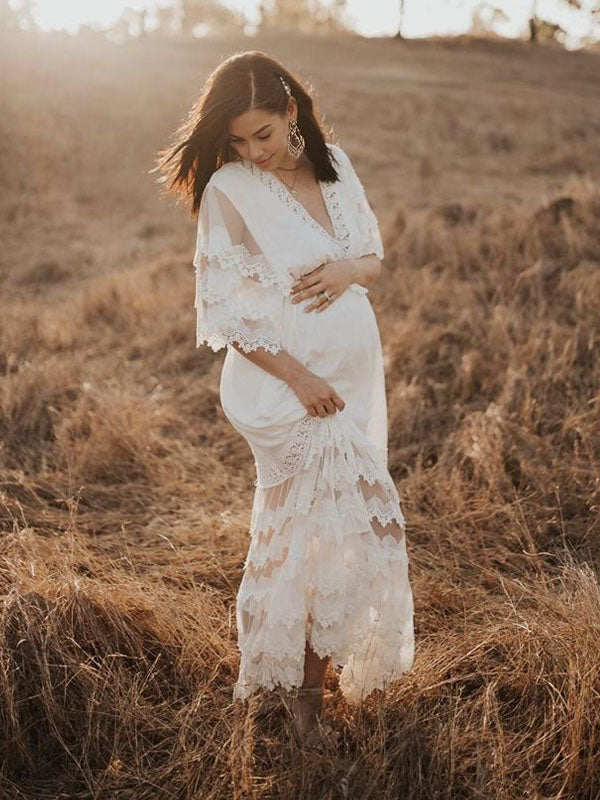 Chicnmom Vestido para Fotos de Embarazadas Bohemio de Encaje con Borla y Espalda Descubierta para Vacaciones