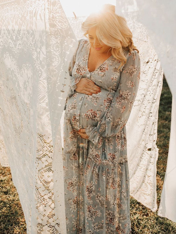 Chicnmom Vestido para Fotos de Embarazadas Bohemio con Volantes y Botoncito para Vacaciones