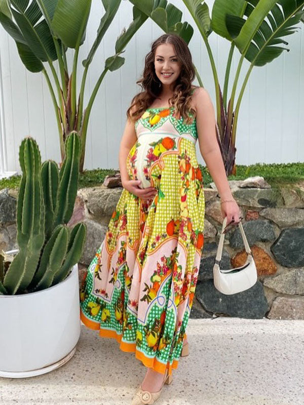 Chicnmom Vestidos Maxi de Premamá para Vacaciones con Tirantes Finos y Estampado