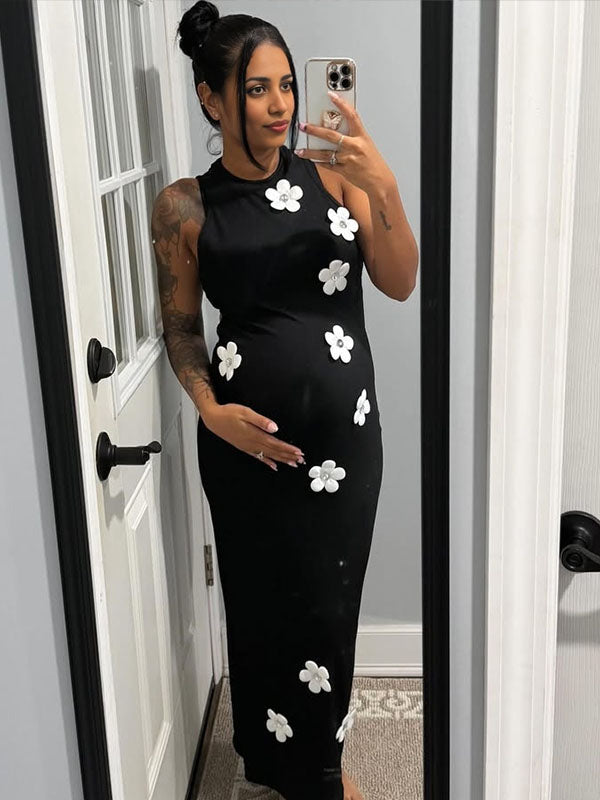 Chicnmom Vestido Larga Premamá Fiesta con Flores en 3D y Diamante