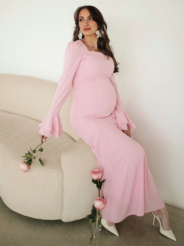 Chicnmom Entallado Lazada Cuello Cuadrado Manga Acampanad Elegante vestidos para fotos de maternidad