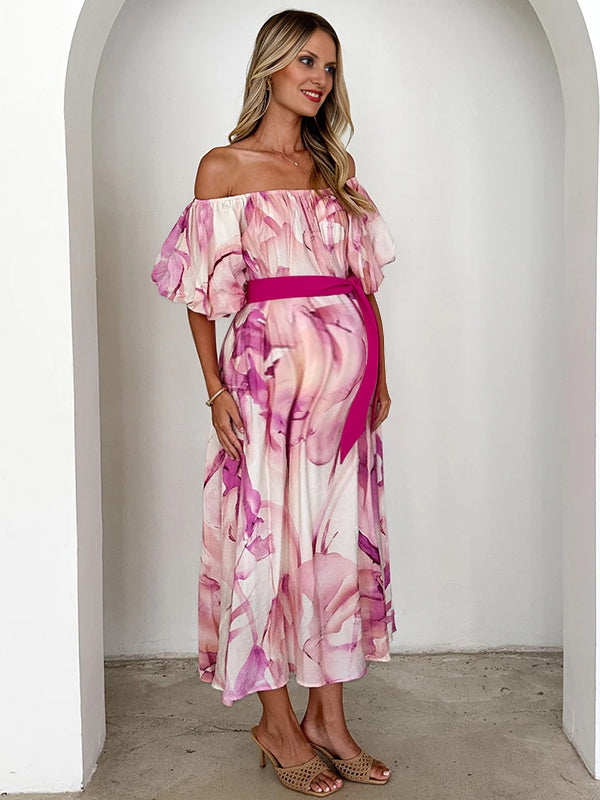 Chicnmom Vestidos largo Premamá tie-dye Cinturón Hombros descubiertos Rojo