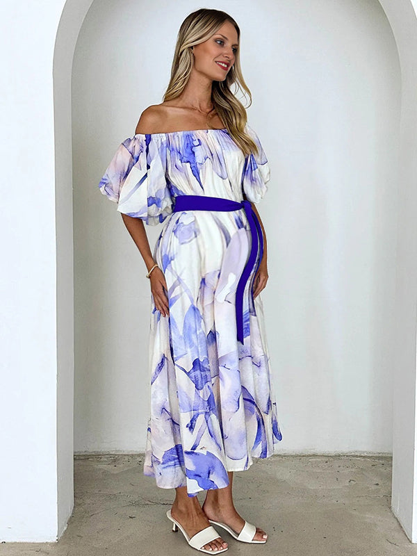 Chicnmom Vestidos largo Premamá tie-dye Cinturón Hombros descubiertos Azul