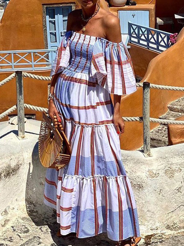 Chicnmom Vestidos largo Premamá Rayas Volantes Trapecio Fluidez Azul