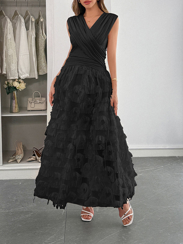 Chicnmom Vestidos largo Premamá Borla piel Pecho fruncido Negro