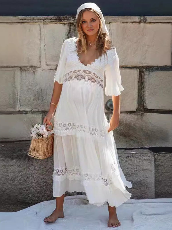 Chicnmom Vestido largo premamá Encaje Calado Espalda Descubierta Blanco
