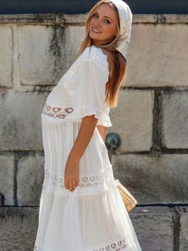 Chicnmom Vestido largo premamá Encaje Calado Espalda Descubierta Blanco