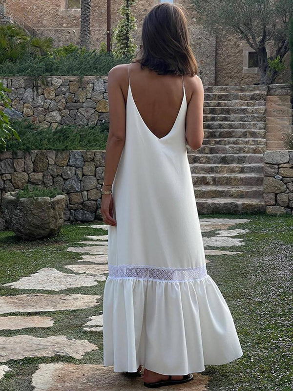 Chicnmom Vestidos largo Premamá Encaje Volantes Espalda Descubierta Blanco