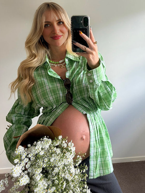 Chicnmom Camisa de Premama con Pliegues y Estampado de Cuadros