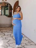 Chicnmom vestido largo de maternidad azul con tirantes para verano