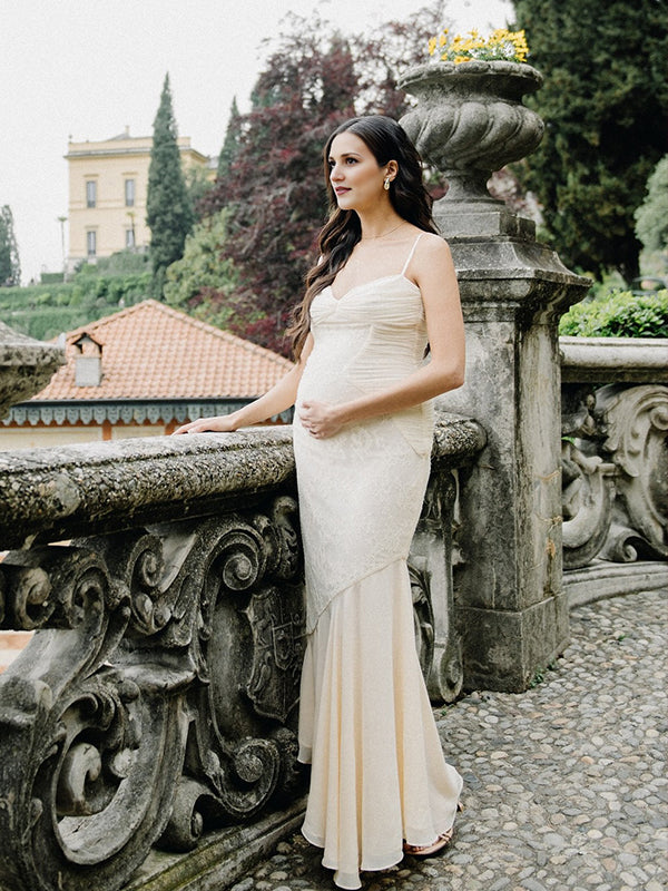 Chicnmom vestido largo sesión de fotos de maternidad camisola fruncida de encaje blanco marfil