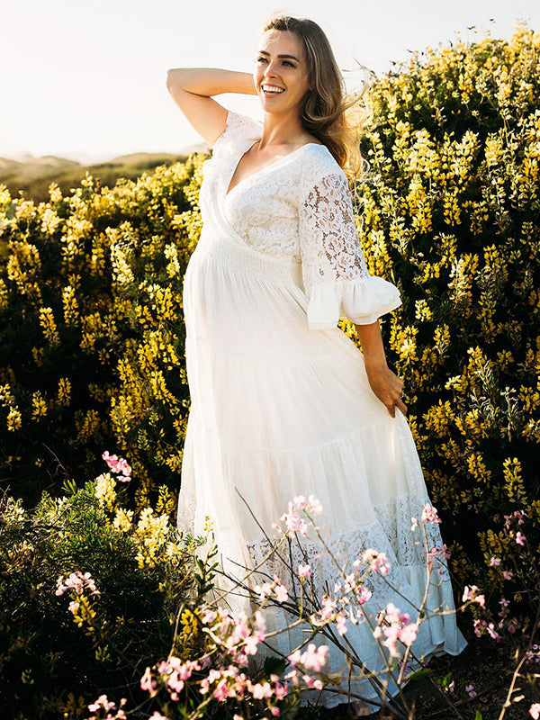 Chicnmom Vestido Largo De Premama Para Bodas Con Encaje Y  Volantes Vestido Para Embarazadas Sesión De Fotos