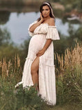 Chicnmom Mama Vestido Largo De Premamá Con Escote Palabra De Honor Y Volantes Y Abertura Lateral 2 En 1 EN Encaje Bohemio Blanco De Premamá