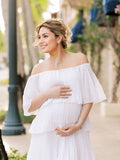 Chicnmom Mama Vestido largo de maternidad elegante con hombros descubiertos y volantes en blanco para sesión de fotos