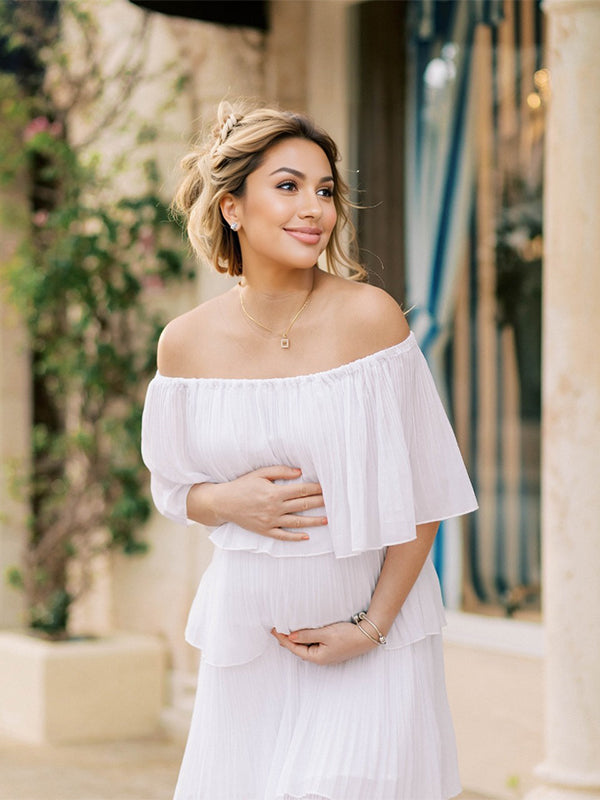 Chicnmom Mama Vestido largo de maternidad elegante con hombros descubiertos y volantes en blanco para sesión de fotos